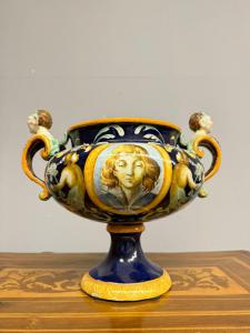 Centrotavola in maiolica con anse a mascheroni '800 Napoli mis 32x40